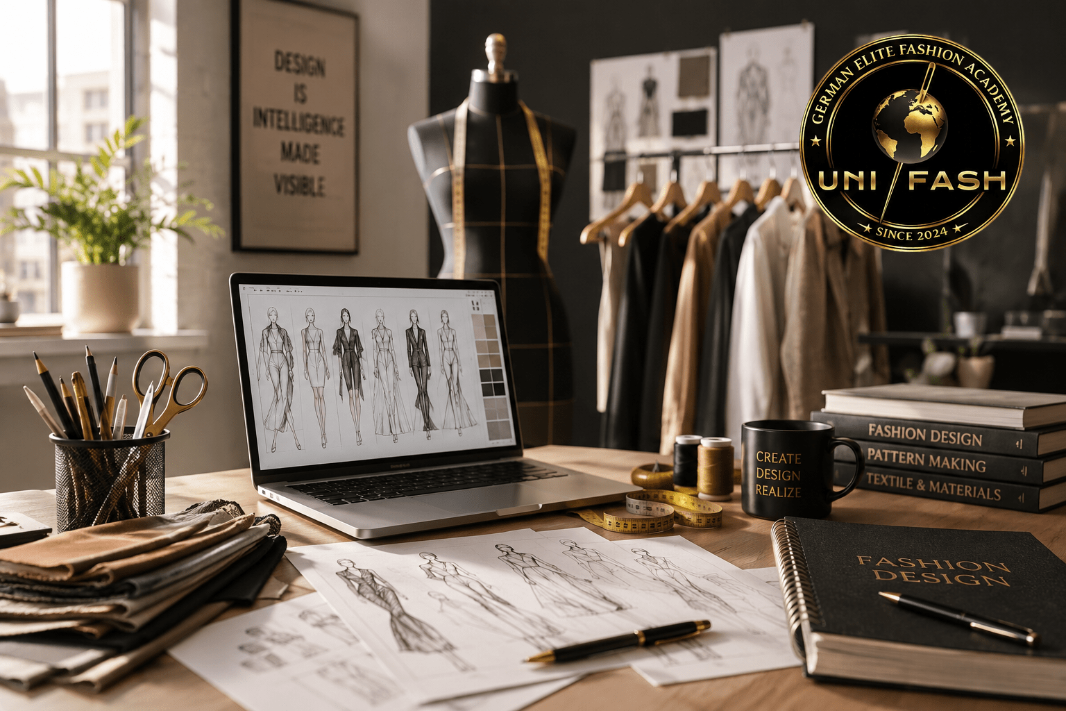 Modedesign Kurs online bei UniFash mit Atelier, Fashion Illustration, Schnitttechnik und Maßschneiderhandwerk