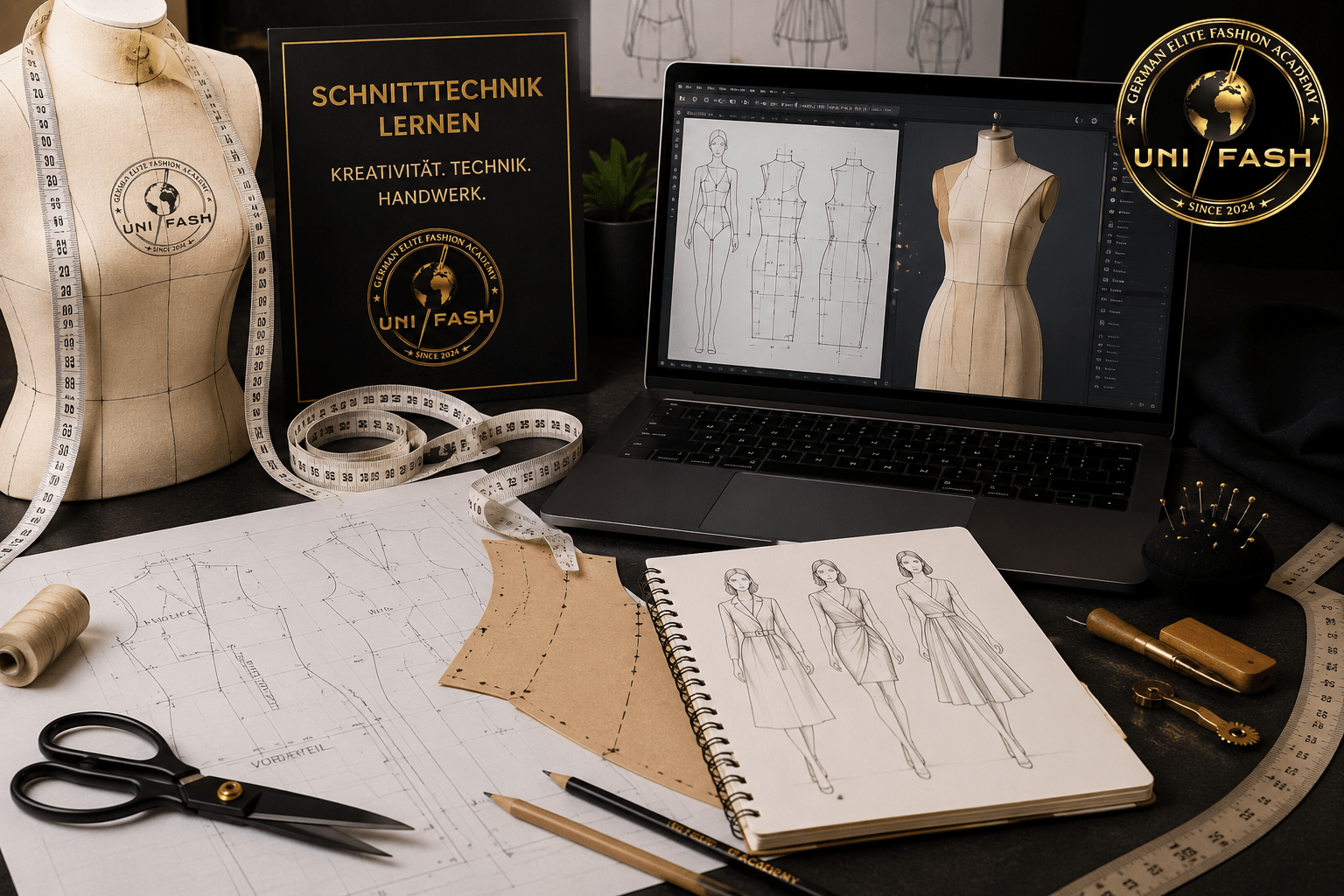 Schnitttechnik lernen bei UniFash mit Schnittentwicklung Modezeichnung Maßschneiderhandwerk und Online Weiterbildung
